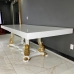 Mesa de Jantar Retangular Americana com Pés Central em Laca Branca e Detalhes Folheado a Ouro