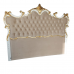 Cabeceira Casal Imperial Rainha Entalhada Laca Branca Apliques Folheados a Ouro Veludo Bege
